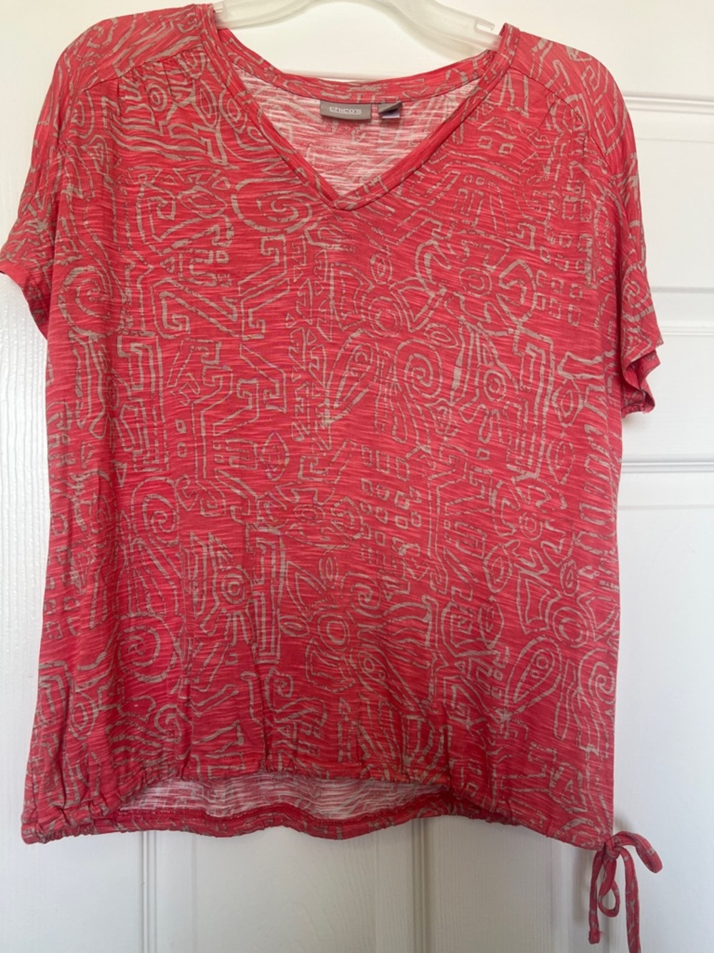 Chico's Coral-Pink Abstract V-Neck Short Sleeve Top